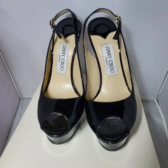 Jimmy Choo peep toe platform shoes sling back buckle fastenings Black 37…
